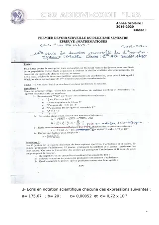 Première page de Mathématiques 2nde B — 1er devoir surveillé, 2e semestre (2019-2020) · CEG ADJOVICODJI 'LES OLIVIERS'