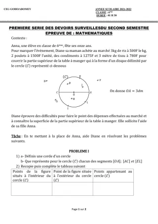 Première page de Mathématiques 6e — 1er devoir surveillé, 2e semestre (2021-2022) · CEG GOHO