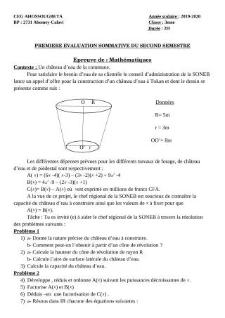 Première page de Mathématiques 3e, 3e ML — 1re évaluation sommative, 2e semestre (2019-2020) · CEG Ahossougbéta
