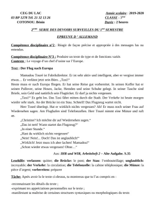 Première page de Allemand 3e ML — 2e devoir surveillé, 1er semestre (2019-2020) · CEG du Lac