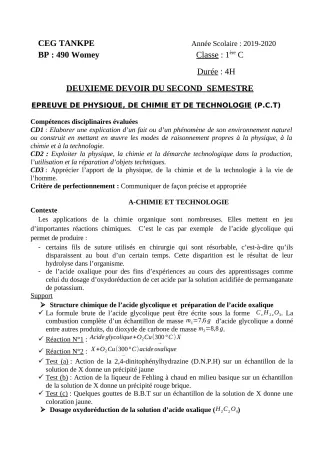 Première page de PCT 1ère C — 2e devoir surveillé, 2e semestre (2019-2020) · CEG Tankpè