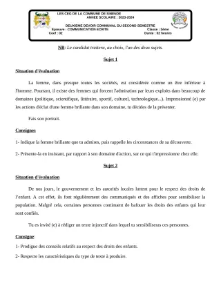 Première page de Français 3e — 2e devoir surveillé, 2e semestre (2023-2024) · CEG SEKERE