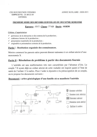 Première page de SVT Tle A1, Tle A2, Tle B — 1er devoir surveillé (2020-2021) · CEG Kouhounou-Vêdoko