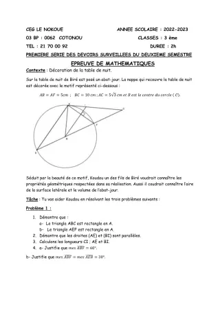 Première page de Mathématiques 3e, 3e ML — 1er devoir surveillé, 2e semestre (2022-2023) · CEG LE NOKOUE