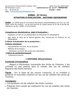 Première page de Histoire-Géographie 4e, 4e ML, 2nde C, 2nde D — 1re composition, 2e trimestre (2019-2020) · CPEG LICA