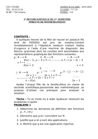 Première page de Mathématiques 2nde A, 2nde A1, 2nde A2 — 1er devoir surveillé, 2e semestre (2019-2020) · CEG Yagbe