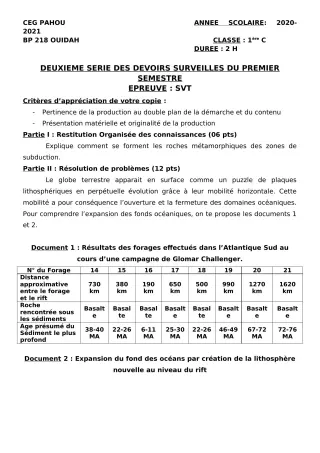 Première page de SVT 1ère C — 2e devoir surveillé, 1er semestre (2020-2021) · CEG PAHOU