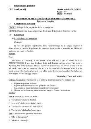 Première page de Anglais 6e — 1er devoir surveillé, 2e semestre (2019-2020) · CEG ATROKPOCODJI