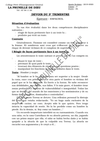 Première page de Espagnol 3e ML — Devoir surveillé, 3e trimestre (2019-2020) · CEPG La Prunelle de Dieu