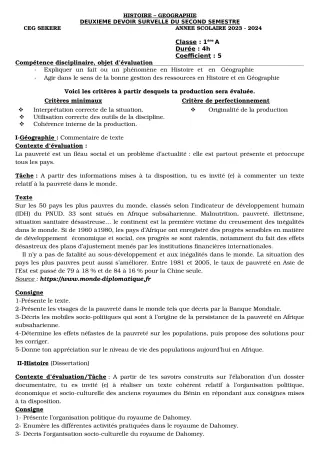 Première page de Histoire-Géographie 1ère A2 — 2e devoir surveillé, 2e semestre (2023-2024) · CEG SEKERE