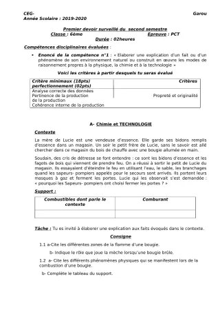 Première page de PCT 6e — 1er devoir surveillé, 2e semestre (2019-2020) · CEG GAROU