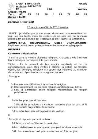 Première page de Histoire-Géographie 6e — 1er devoir surveillé, 3e trimestre (2021-2022) · CPEG SAINT Justin