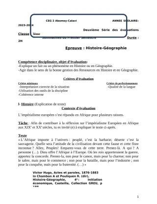 Première page de Histoire-Géographie 3e — 2e évaluation sommative, 1er semestre (2023-2024) · CEG2 ABOMEY - CALAVI (CEG ZOCA)