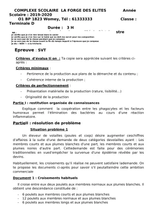 Première page de SVT Tle D — 1er devoir surveillé, 2e trimestre (2019-2020) · CPEG LA FORGE DES ELITES