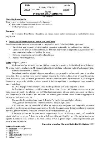 Première page de Espagnol 1ère A1, 1ère A2, 1ère B — 1er devoir surveillé, 1er semestre (2020-2021) · LMB