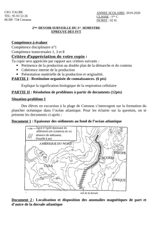 Première page de SVT 1ère C — 2e devoir surveillé, 1er semestre (2019-2020) · CEG Yagbe