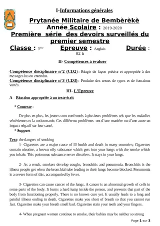 Première page de Anglais 3e — 1er devoir surveillé, 1er semestre (2019-2020) · PMB