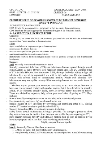 Première page de Anglais 3e, 3e ML — 1er devoir surveillé, 1er semestre (2020-2021) · CEG du Lac