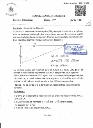 Première page de Mathématiques 3e, 3e ML — 1re composition, 1er trimestre (2021-2022) · CPEG ROSAIRE