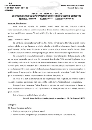 Première page de Français 6e, 5e, 4e ML&MC, 3e, 3e ML — 2e évaluation sommative, 2e semestre (2019-2020) · CEG Dantokpa