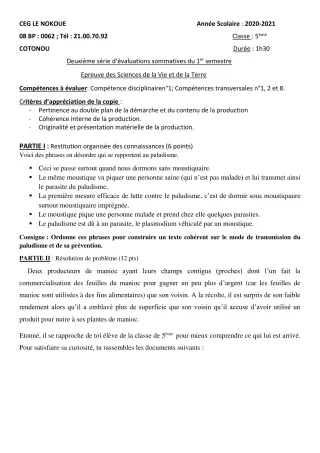 Première page de SVT 5e — Évaluation sommative, 1er semestre (2020-2021) · CEG LE NOKOUE