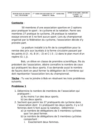 Première page de Mathématiques 1ère C — Devoir surveillé (2020-2021) · CEG 1 Agatogbo