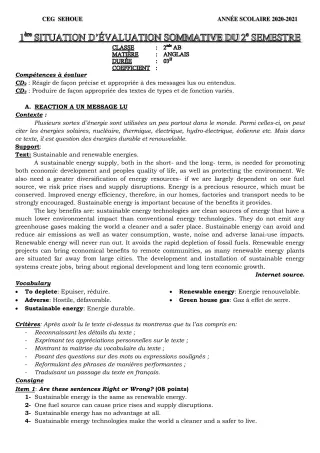 Première page de Français 2nde A2, 2nde B — Évaluation sommative, 2e semestre (2020-2021) · CEG SEHOUE