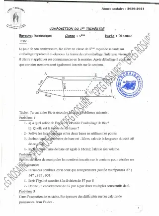Première page de Mathématiques 5e — 1re composition, 1er trimestre (2020-2021) · CPEG ROSAIRE
