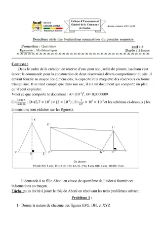 Première page de Mathématiques 4e, 4e ML — 2e évaluation sommative, 1er semestre (2017-2018) · CEG C.P de Dompago