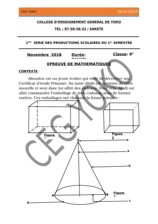 Première page de Mathématiques 6e — 1re production scolaire, 1er semestre (2018-2019) · CEG Yoko
