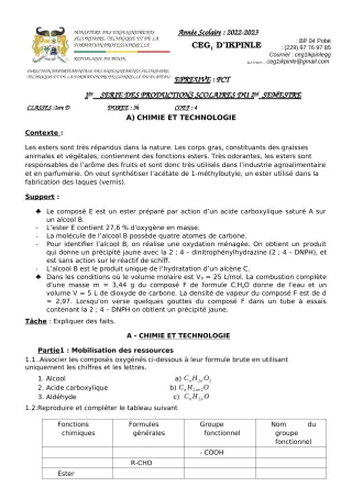 Première page de PCT 1ère D — 1re production scolaire, 2e semestre (2022-2023) · CEG1 Ikpinlè