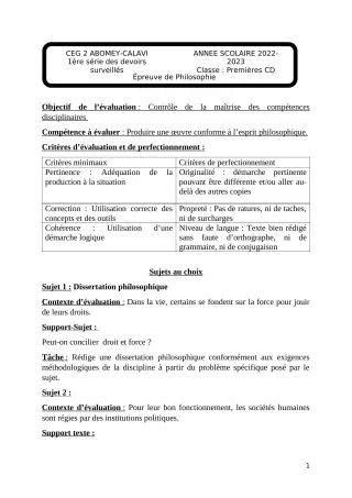 Première page de Philosophie 1ère C — 1er devoir surveillé, 2e semestre (2022-2023) · CEG2 ABOMEY - CALAVI (CEG ZOCA)