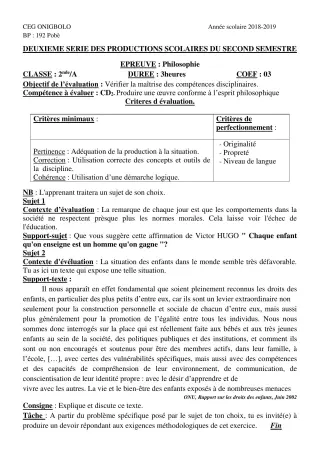 Première page de Philosophie 2nde A2 — 2e production scolaire, 2e semestre (2018-2019) · CEG ONIGBOLO