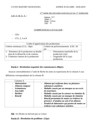 Première page de SVT 6e — 1er devoir surveillé, 1er semestre (2018-2019) · Lycée Houegbadja d'Abomey (Ex Mafory Bangoura)