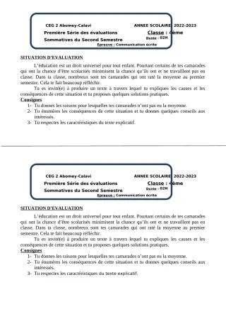 Première page de Français 4e — 1re évaluation sommative, 2e semestre (2022-2023) · CEG2 ABOMEY - CALAVI (CEG ZOCA)