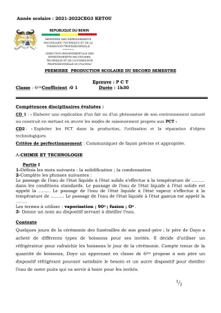 Première page de PCT 6e, 5e, 3e, 2nde D — 1re production scolaire, 2e semestre (2021-2022) · CEG 3 Kétou