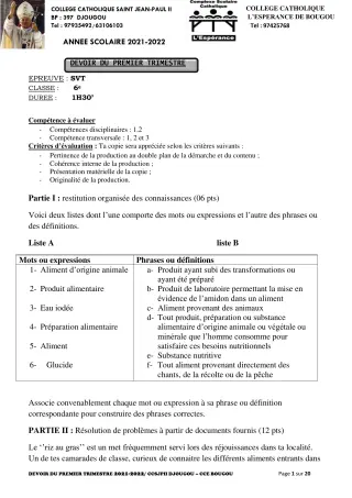 Première page de SVT 6e, 5e, 4e, 2nde A2, 2nde C, 2nde D, 1ère A2, 1ère C, 1ère D — 2e devoir surveillé, 1er trimestre (2021-2022) · CCJPII DJOUGOU