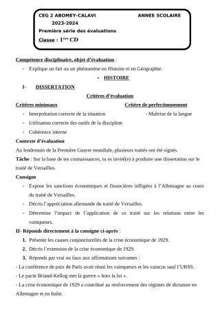 Première page de Histoire-Géographie 2nde C — 1re évaluation sommative, 1er semestre (2023-2024) · CEG2 ABOMEY - CALAVI (CEG ZOCA)