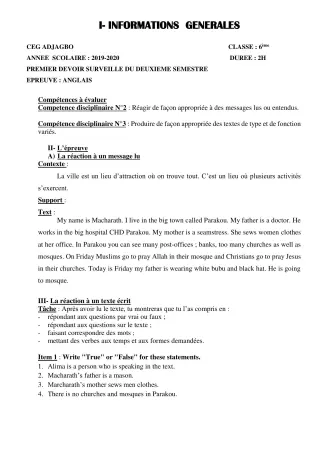 Première page de Anglais 6e, 5e, 4e, 4e ML, 3e, 3e ML — 1er devoir surveillé, 2e semestre (2019-2020) · CEG ADJAGBO
