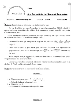 Première page de Mathématiques 6e, 5e, 4e, 3e, 2nde A, 2nde D, 1ère A, 1ère D, Tle A1, Tle A2, Tle D — 1er devoir surveillé, 2e semestre (2018-2019) · CEG TOUI
