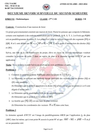 Première page de Mathématiques 2nde C, 2nde D — 2e devoir surveillé, 2e semestre (2023-2024) · CEG Yagbe