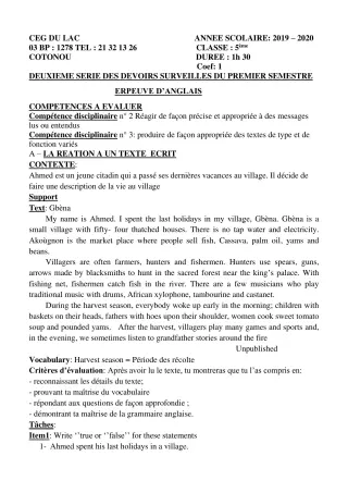 Première page de Anglais 5e — 2e devoir surveillé, 1er semestre (2019-2020) · CEG du Lac