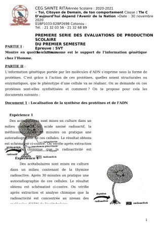 Première page de SVT Tle C — Production scolaire, 1er semestre (2020-2021) · CEG Sainte Rita