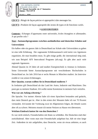 Première page de Allemand Tle A1, Tle A2, Tle B — 2e devoir surveillé, 1er semestre (2019-2020) · CEG 1 Akpakpa-Centre