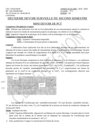 Première page de PCT Tle C — 2e devoir surveillé, 2e semestre (2019-2020) · CEG FIYEGNON