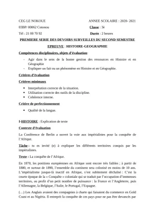 Première page de Histoire-Géographie 3e, 3e ML — 1er devoir surveillé, 2e semestre (2020-2021) · CEG LE NOKOUE