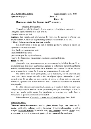 Première page de Espagnol 4e ML — 2e devoir surveillé, 2e semestre (2019-2020) · CEG AZOHOUE-ALIHO
