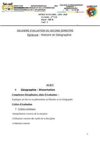 Première page de Histoire-Géographie 2nde C, 2nde D — 2e semestre (2019-2020) · CEG1 Abomey-Calavi