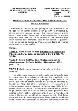 Première page de Français 1ère A1, 1ère A2, 1ère B, 1ère C, 1ère D — 1er devoir surveillé, 1er semestre (2020-2021) · CEG Kouhounou-Vêdoko