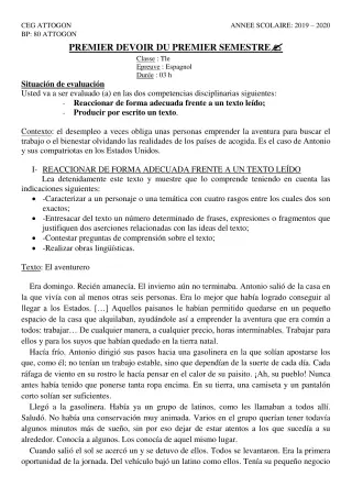 Première page de Espagnol Tle A & B, Tle A1, Tle A2, Tle B — 1er devoir surveillé, 1er semestre (2019-2020) · CEG Attogon